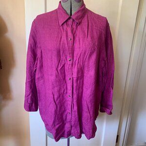 RALPH LAUREN Sz XL Womens Button Up Shirt 100% Linen Magenta Pink Logo Preppy